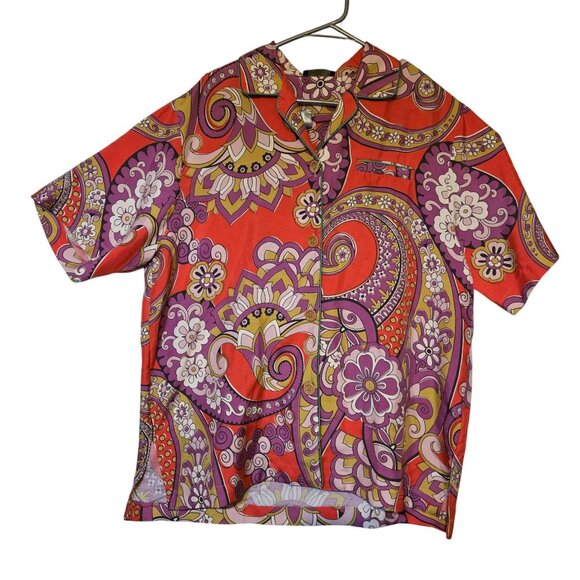 Entro 60s Inspired Groovy Floral Paisley Red Button-Up Short-Sleeve Shirt Sz L - Picture 4 of 12